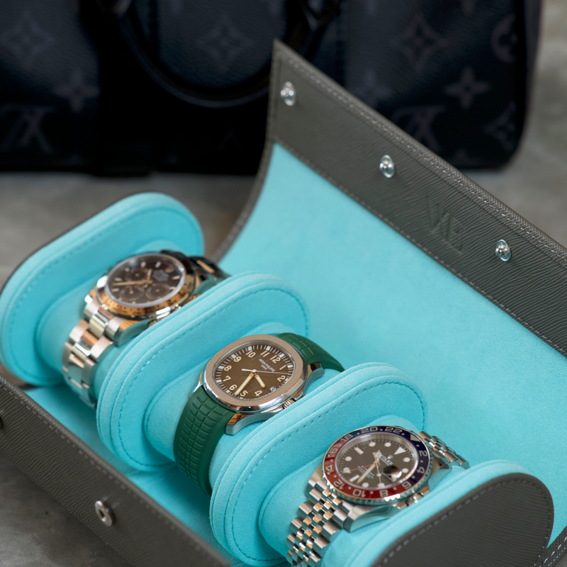 GREY SAFFIANO TURQUOISE WATCH ROLL - THREE WATCHES