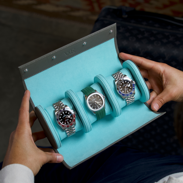 GREY SAFFIANO TURQUOISE WATCH ROLL - THREE WATCHES