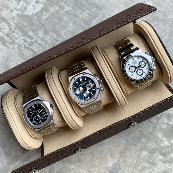 Brown Saffiano Watch Roll - Three watches