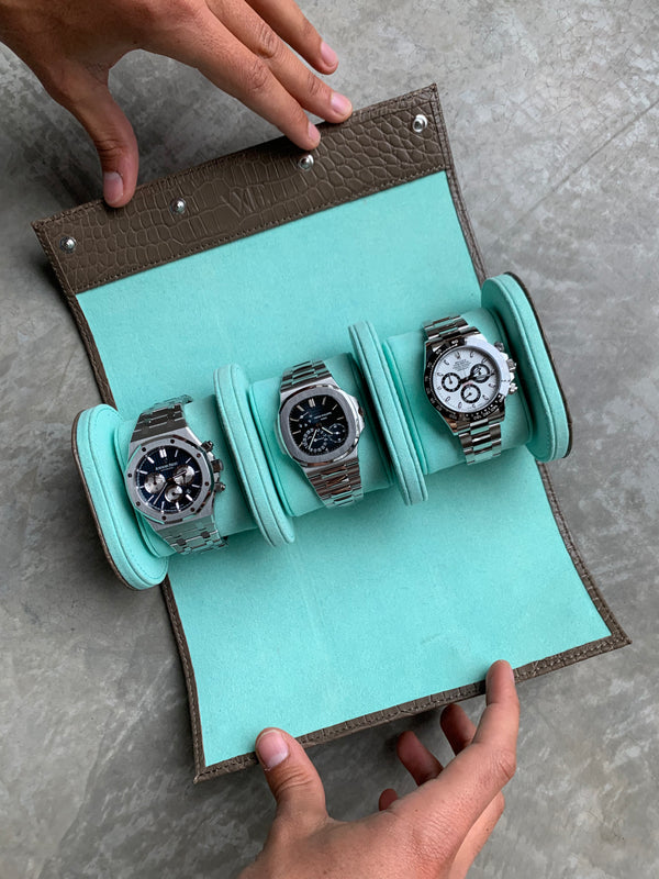 Grey Croco Watch Roll - Three Watches