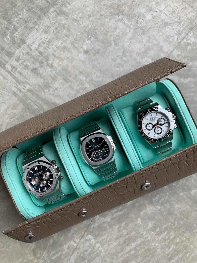 Grey Croco Watch Roll - Three Watches