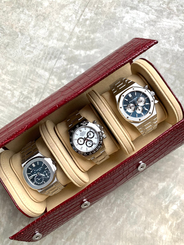 Red Croco Watch Roll - Three Watches