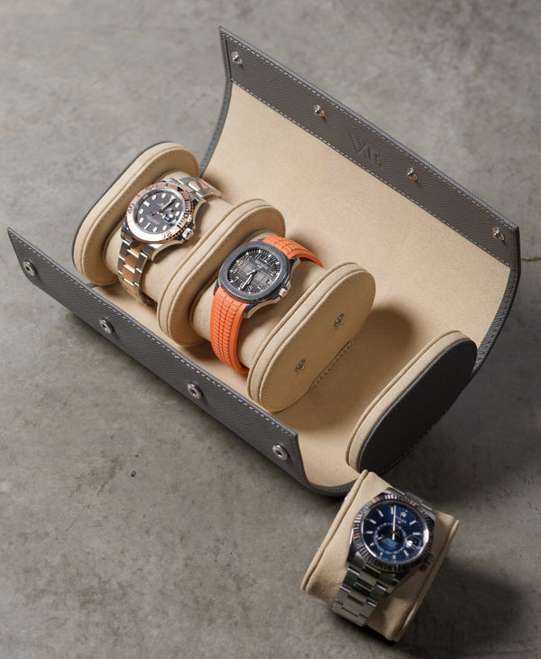 Grey Saffiano Watch Roll - Three Watches