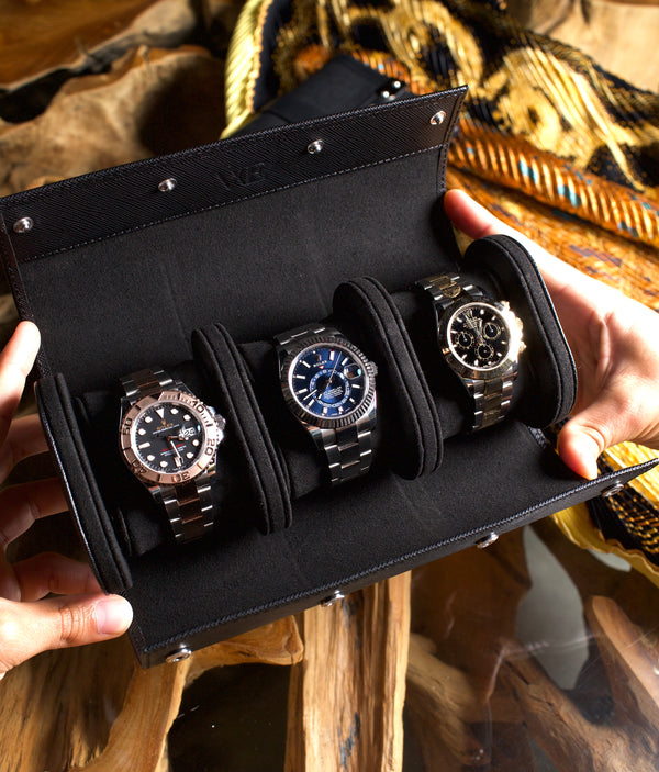 Black Saffiano Watch Roll - Three Watches