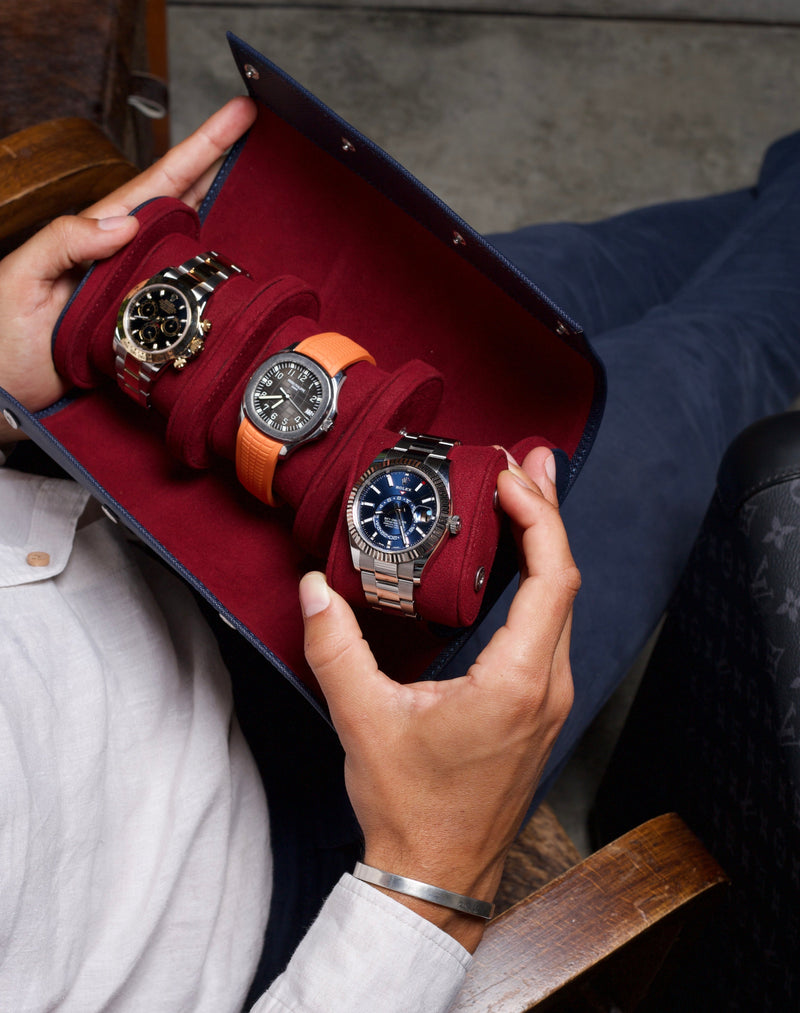 Blue Granate Saffiano Watch Roll - Three Watches